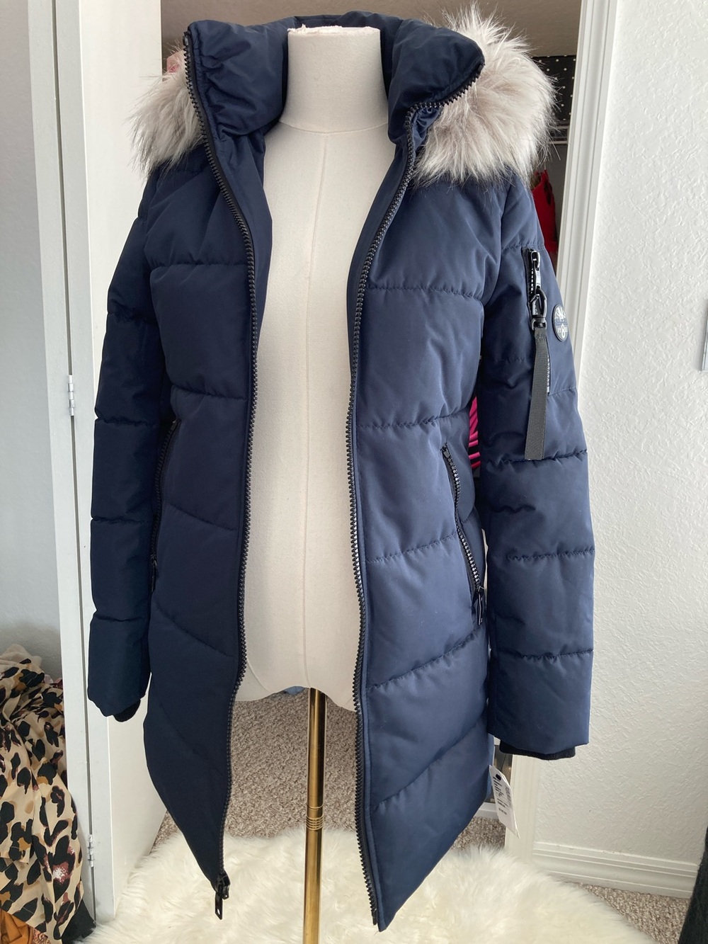 Nautica Navy Quilted Puffer Coat with Faux Fur Trim Hood